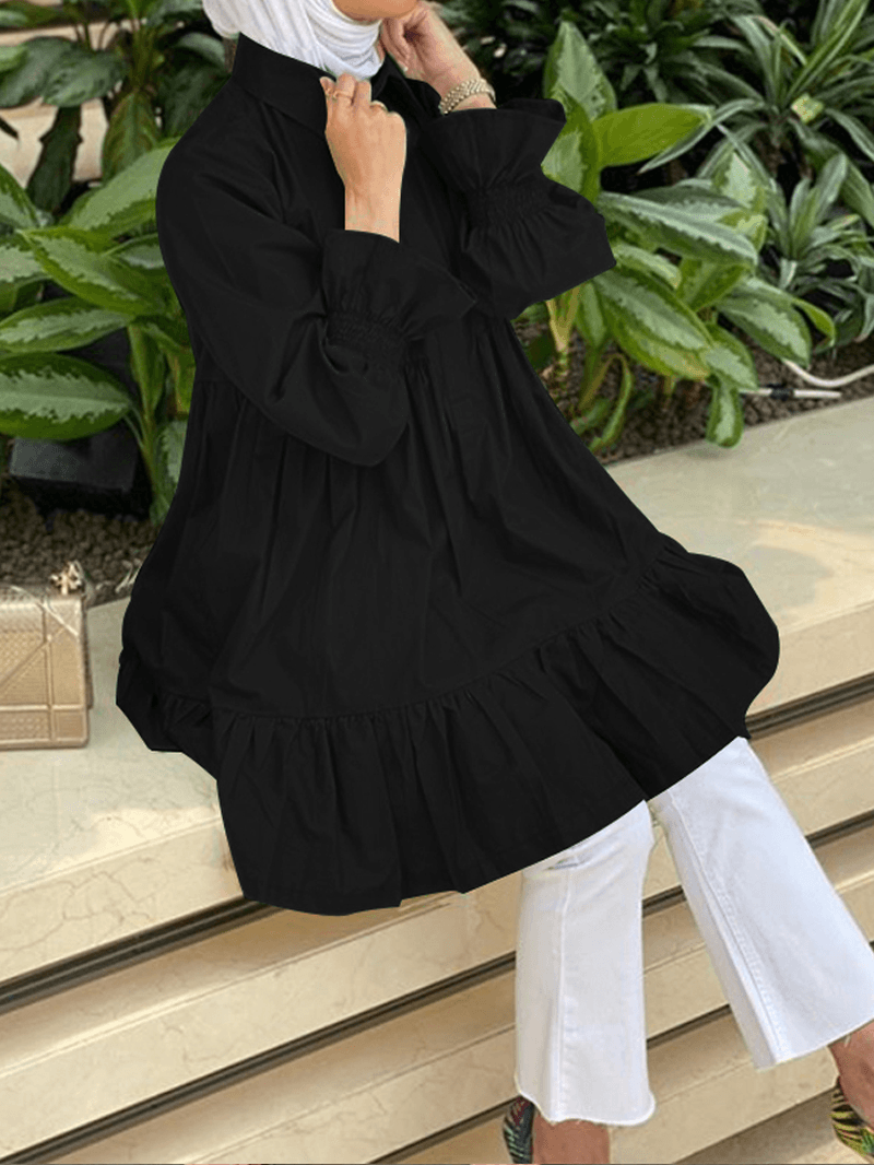 Women Half Button Lapel Tiered Ruffle Sleeve Solid Casual Blouses