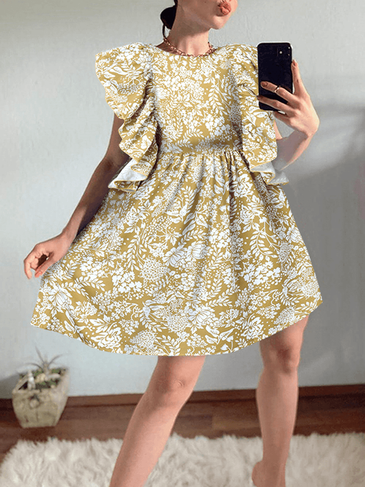 Women Floral Print Ruffle Trims Sleeveless Casual Daily Doll Mini Dress