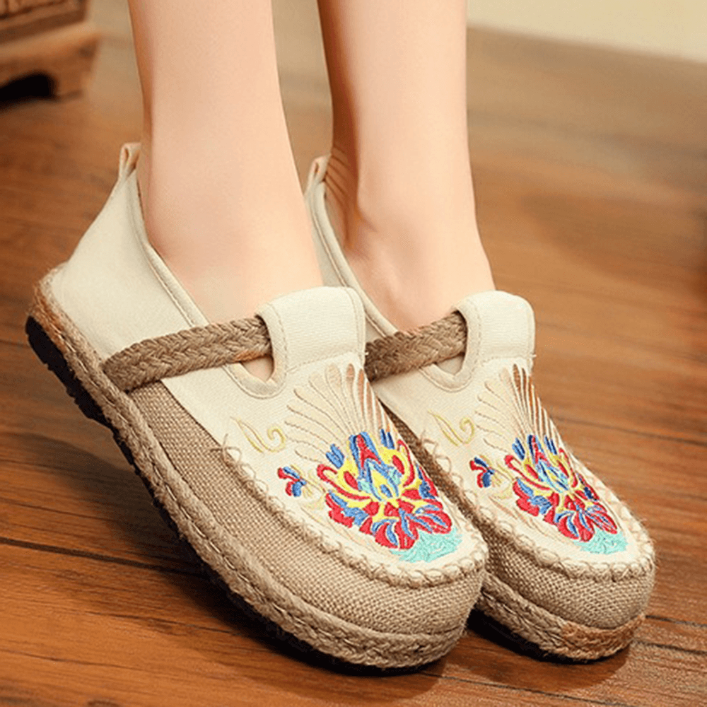 Women Linen Comfy Embroidery Straw Slip on Flat Loafers