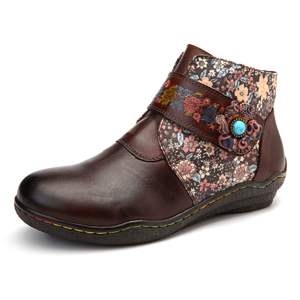 Retro Small Flowers Colorful Stitching Soft Leather Boots