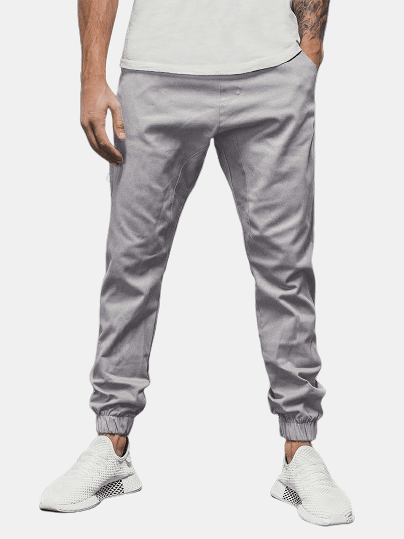 Mens Solid Color Casual Drawstring Pants with Pocket