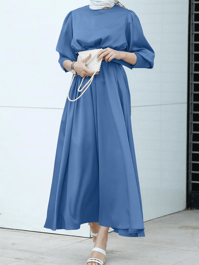 Women Pure Color Lace up Puff Sleeve Casual Kaftan Maxi Dresses