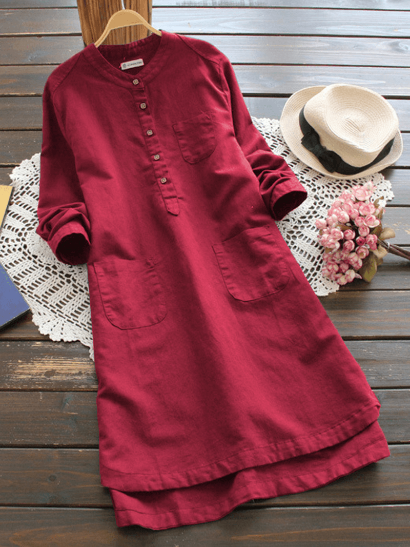 Women Vintage Long Sleeve Buttons Cotton Mini Shirt Dresses - MRSLM