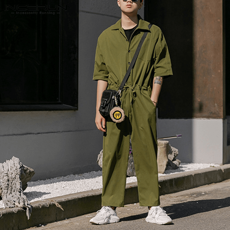 Men Solid Color Chest Pocket Drawstring Half Sleeve Rompers Pants