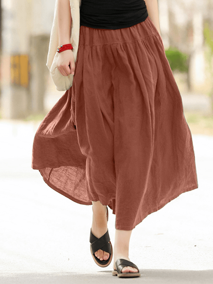 Casual Solid Elastic Waist Pleated Spliced Cotton Skirt for Women - MRSLM