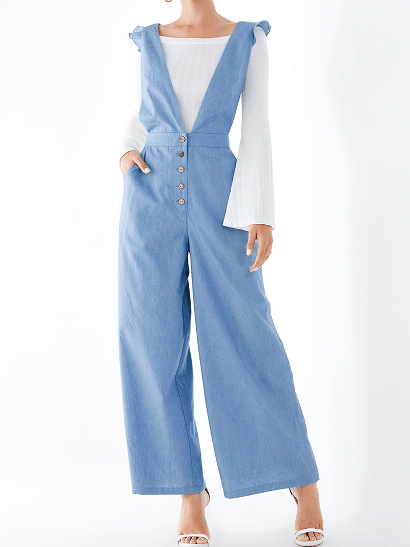 Women Solid Color Plain V-Neck Button Pocket Casual Back Crisscross Jumpsuit - MRSLM