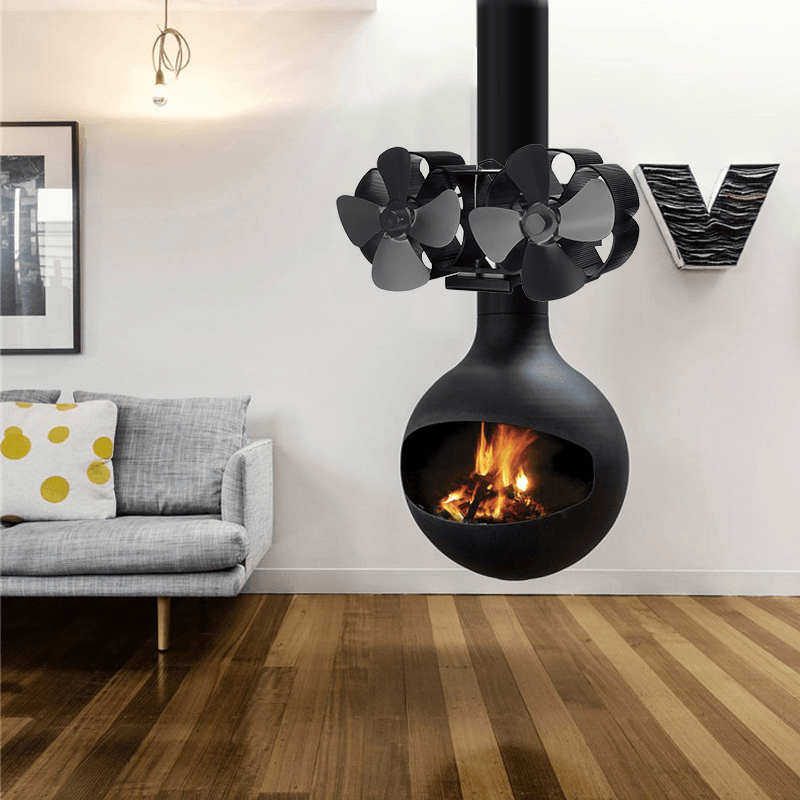 8 Blades Fireplace Fan Silent Stove Fan Dual Twin Heads Wall-Mounted Wood Burner Fan