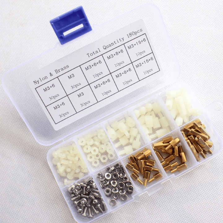 Suleve M3BN6 180Pcs M3 Nut Screw Standoff Set Nylon Stainless Steel Brass Hex Standoff Nut Screw Set Assortment Kit with Storage Box