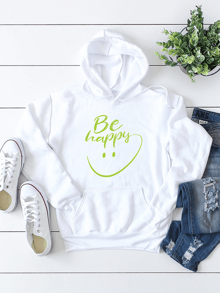 Women Smile Face Letter Print Pouch Pocket Casual Long Sleeve Hoodies