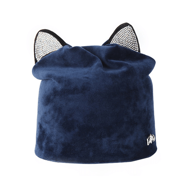 Women Velour Rhinestone Deco Cat Ear Windproof Beanie Cap - MRSLM