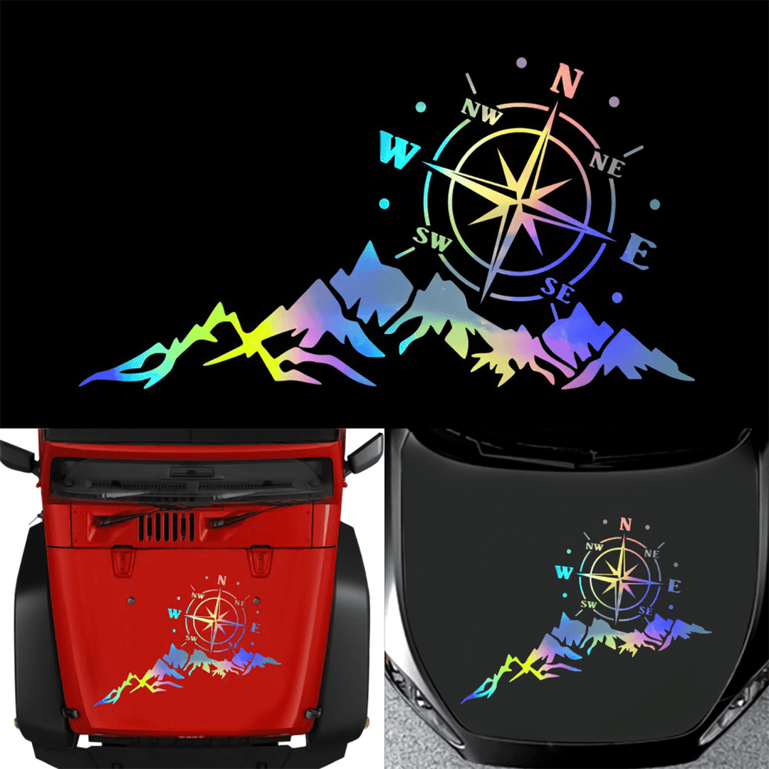 Car Body Hood Sticker Decal Navigation Large Compass with Mountains for Camper Van