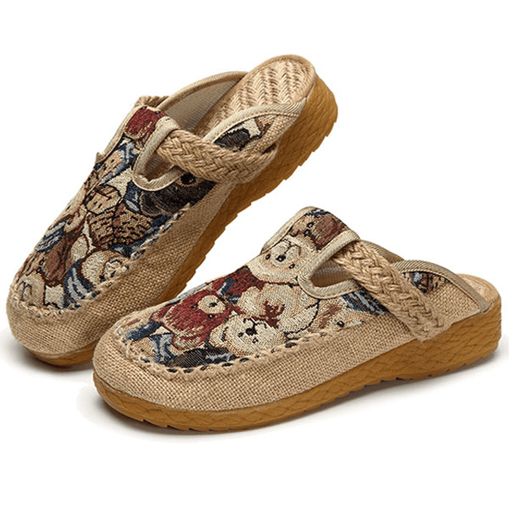 Women Flats Cartoon Flax Outdoor Embroidery Slipper