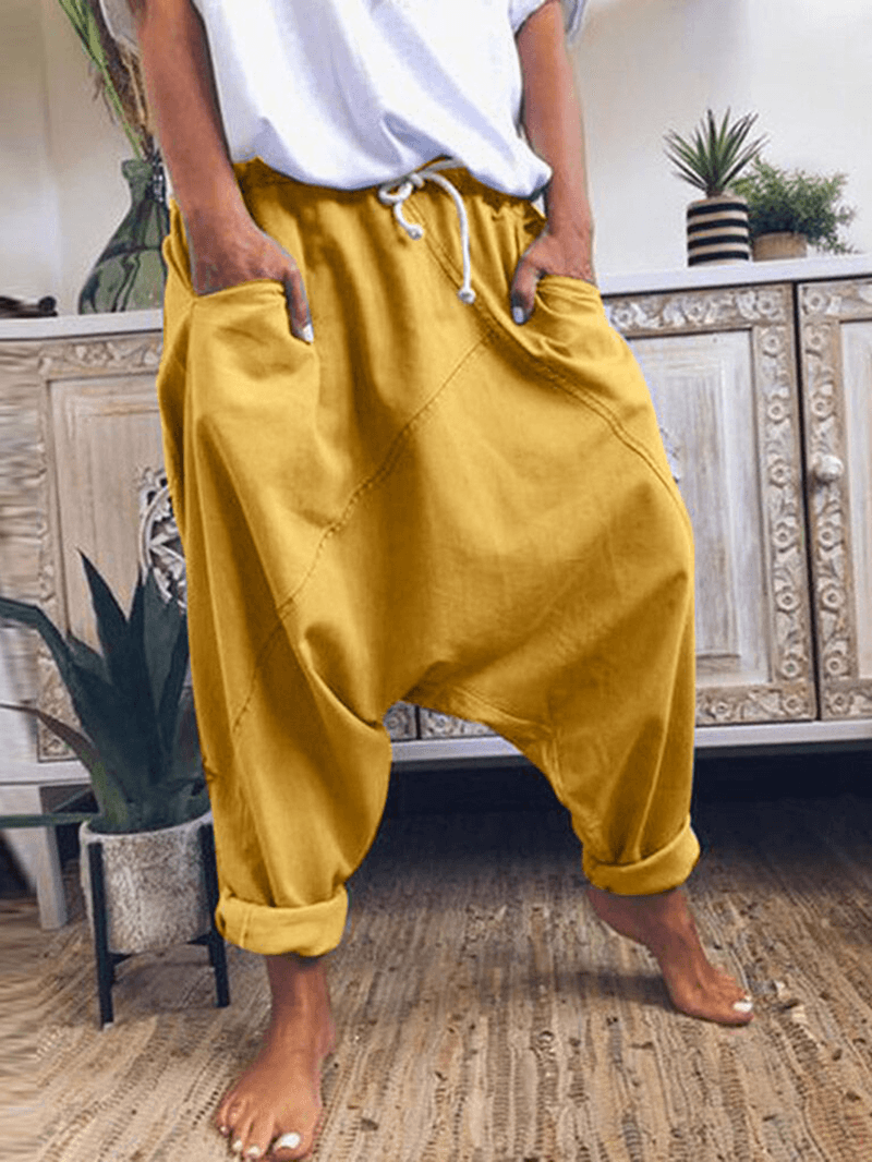 Casual Solid Drawstring Waist Harem Pants