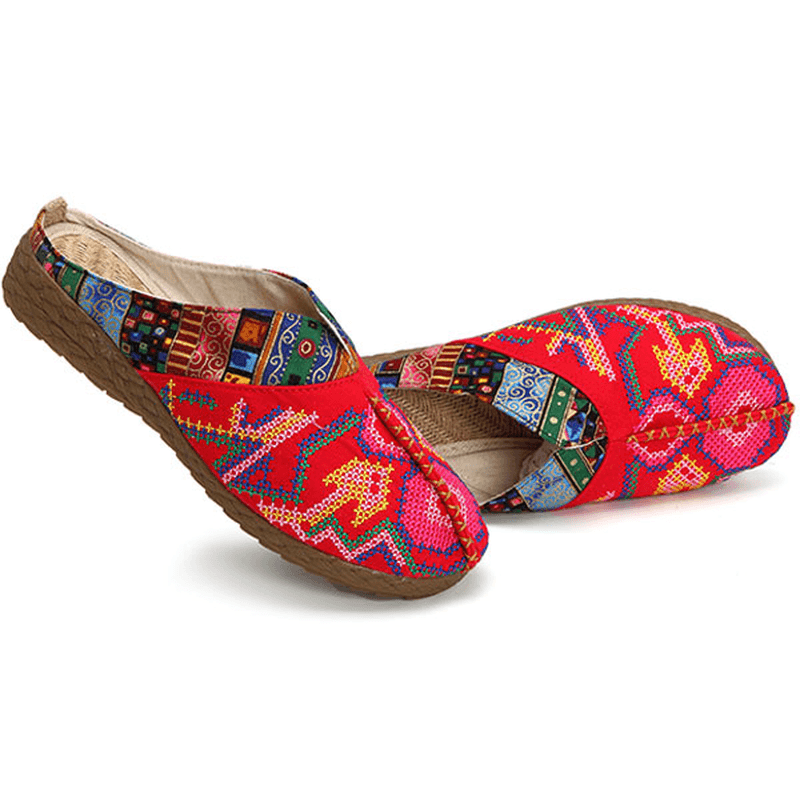 Women Flax Casual Outdoor Embroidery Flat Slipper Shoes