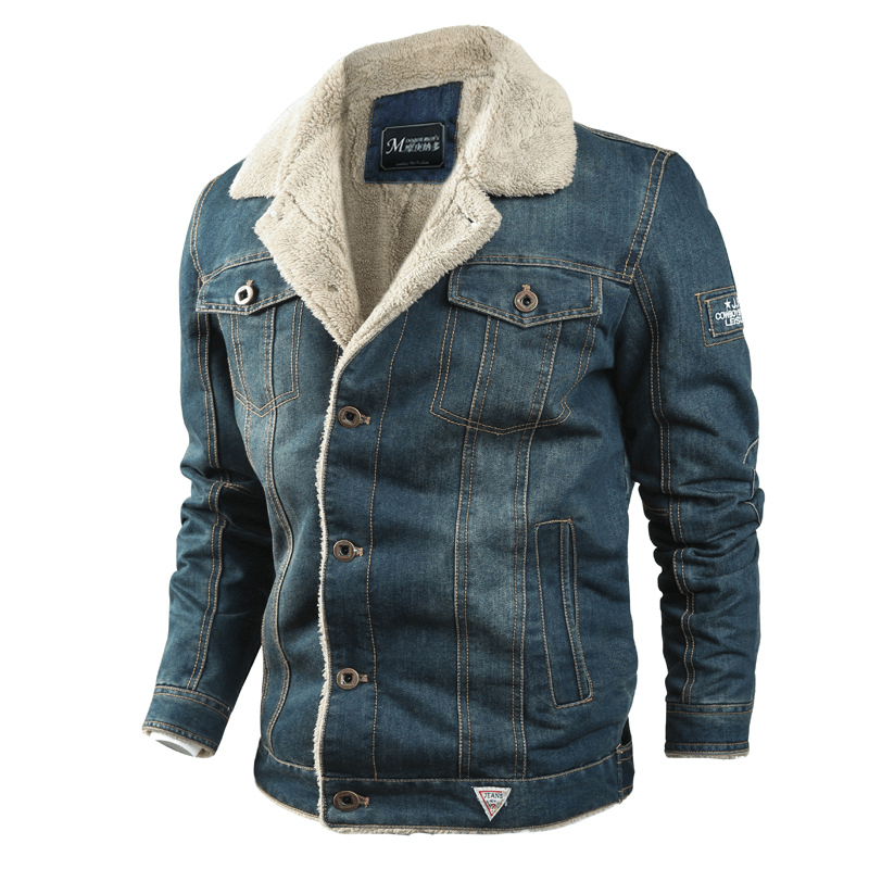 Mens Thick Warm Fleece Turn down Collar Winter Denim Jacket