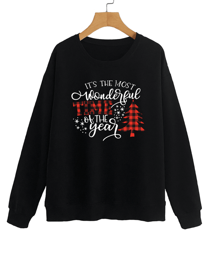 Women Christmas Letter Print O-Neck Drop Shoulder Loose Pullover Sweatshirts - MRSLM