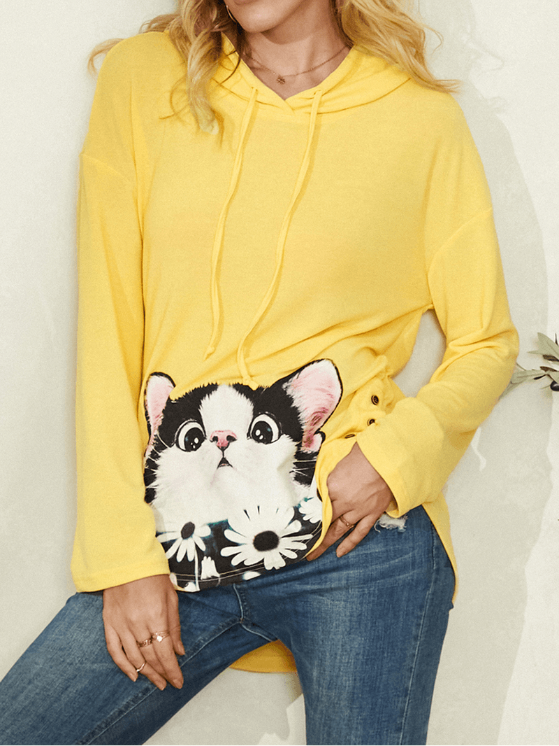 Cartoon Cat Flower Print Side Button Drawstring Curved Hem Pullover Hoodie for Women - MRSLM