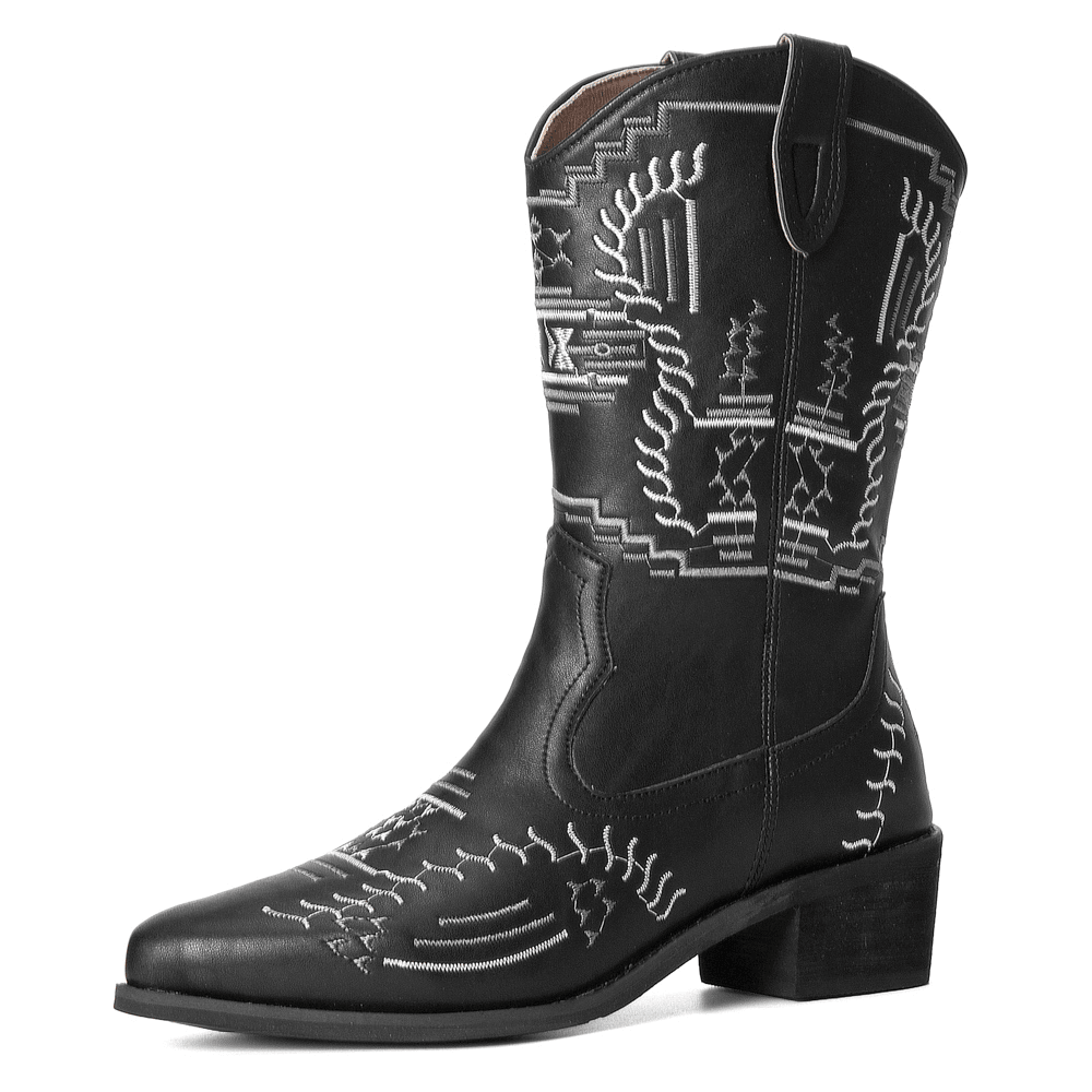 Women Casual Pointed Toe Vintage Embroidered Western Cowboy Boots Martin Boots