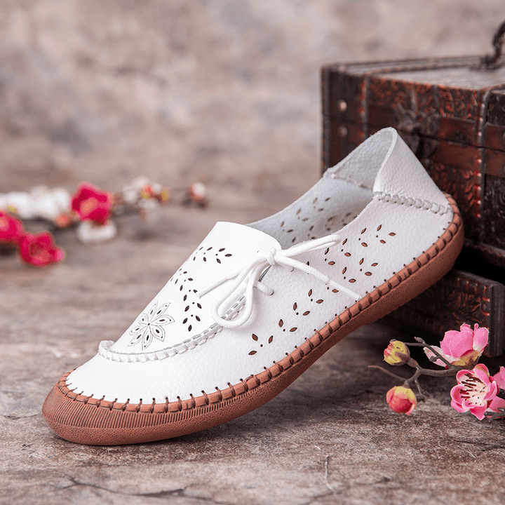 Women Genuine Leather plus Size Breathable Hollow Out Soft Sole Casual Flats Loafers