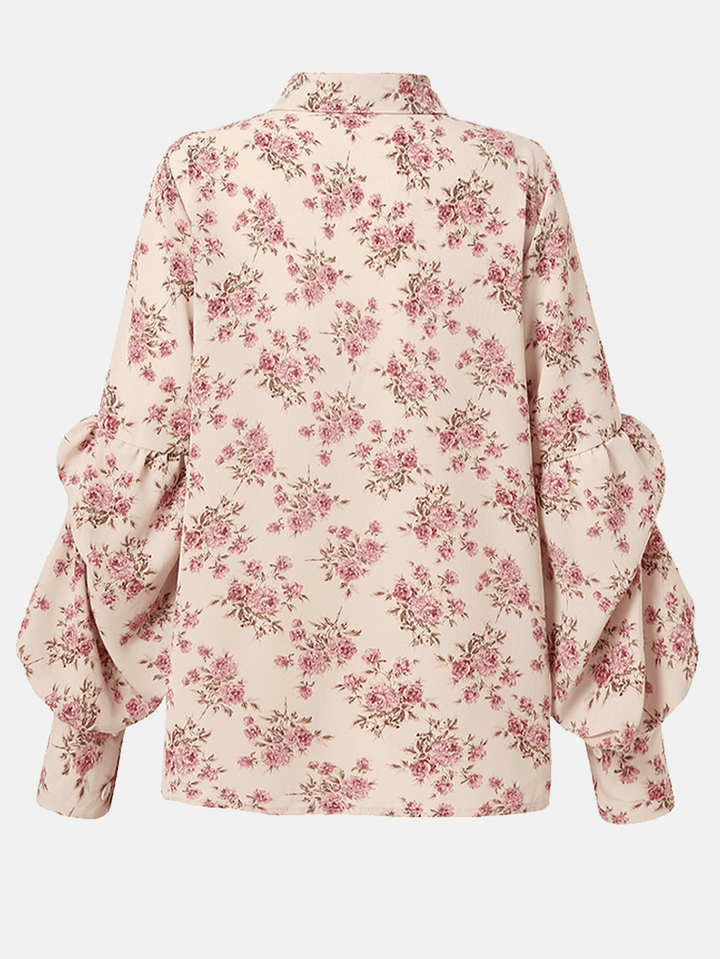 Women Floral Print Lapel Stitching Lantern Sleeve Casual Shirts