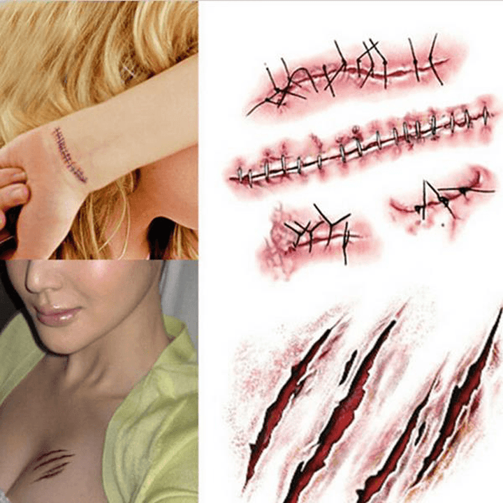 3Pcs Halloween Zombie Scars Tattoos Fake Scab Bloody Makeup Terror Wound Scary Blood Injury Sticker