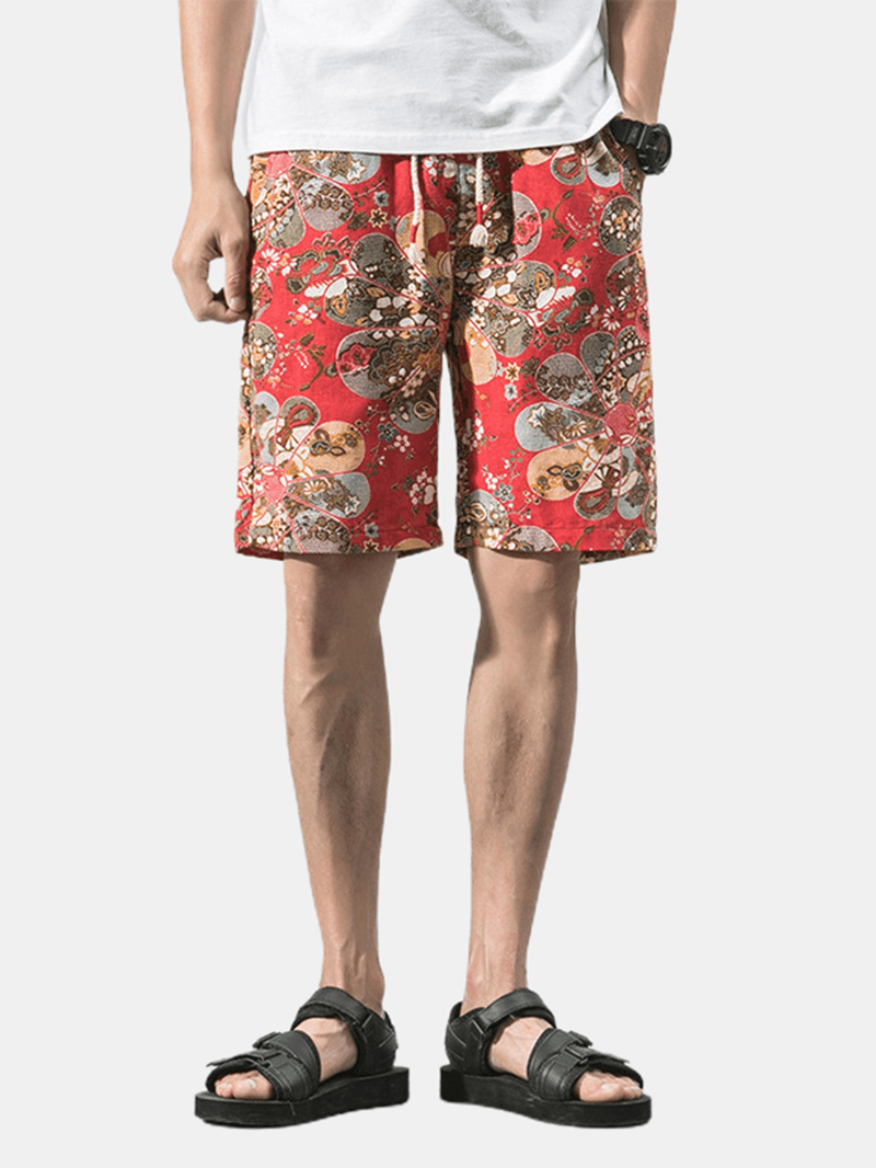 Cotton Mens Floral Print Pocket Drawstring Casual Shorts