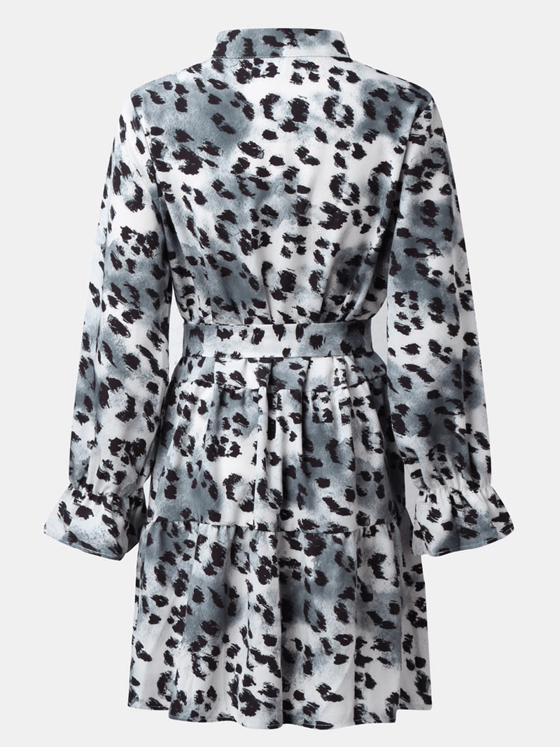 Leopard Print Stand Collar Long Sleeve Button Knotted Dress