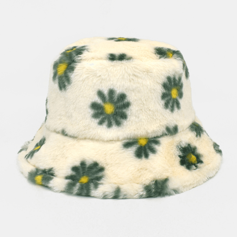 Women Lamb Hair Soft Warm plus Thicken Casual All-Match Cute Daisy Flower Pattern Bucket Hat