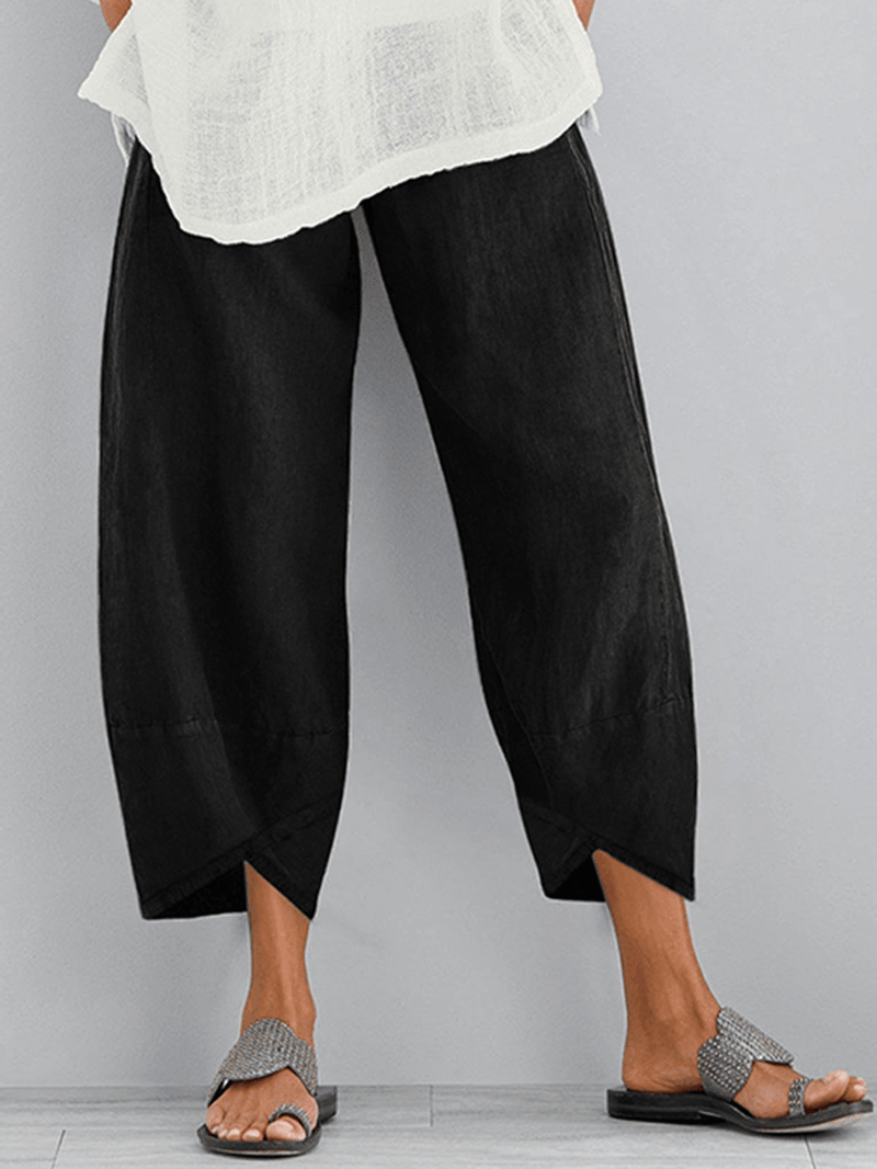 Women Solid Color Elastic Waist Loose Side Pocket Pants