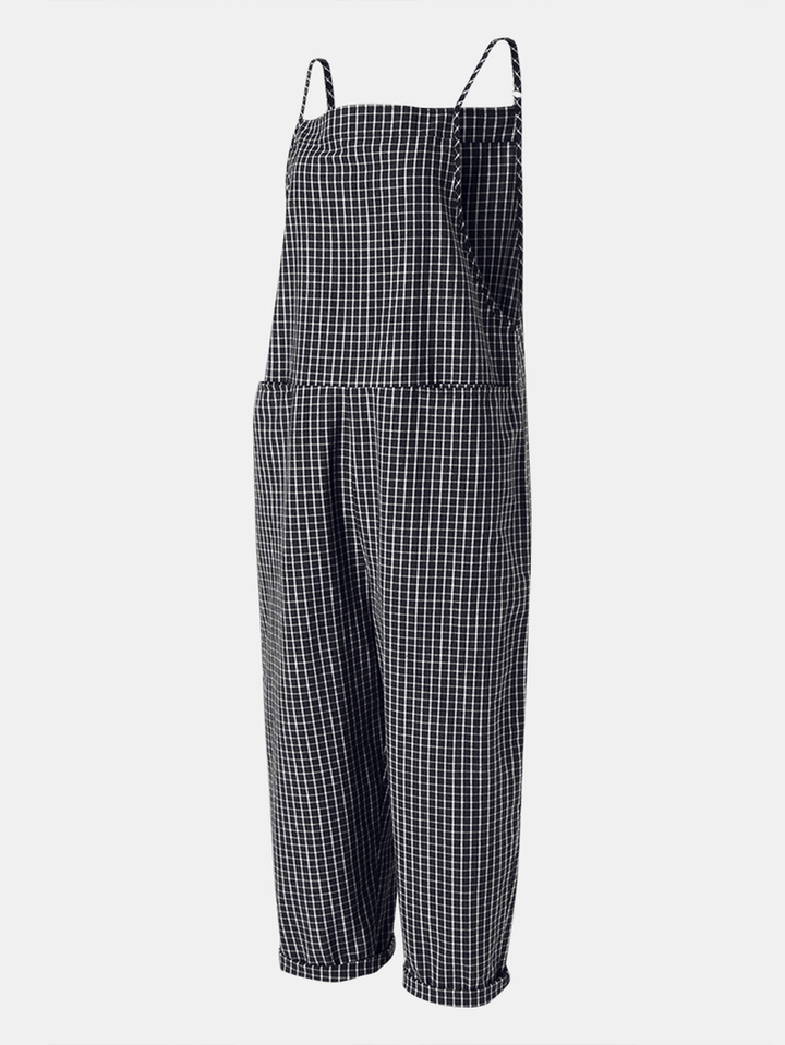 Casual Loose Plaid Straps Front Pocket Harem Jumpsuits Overalls for Women