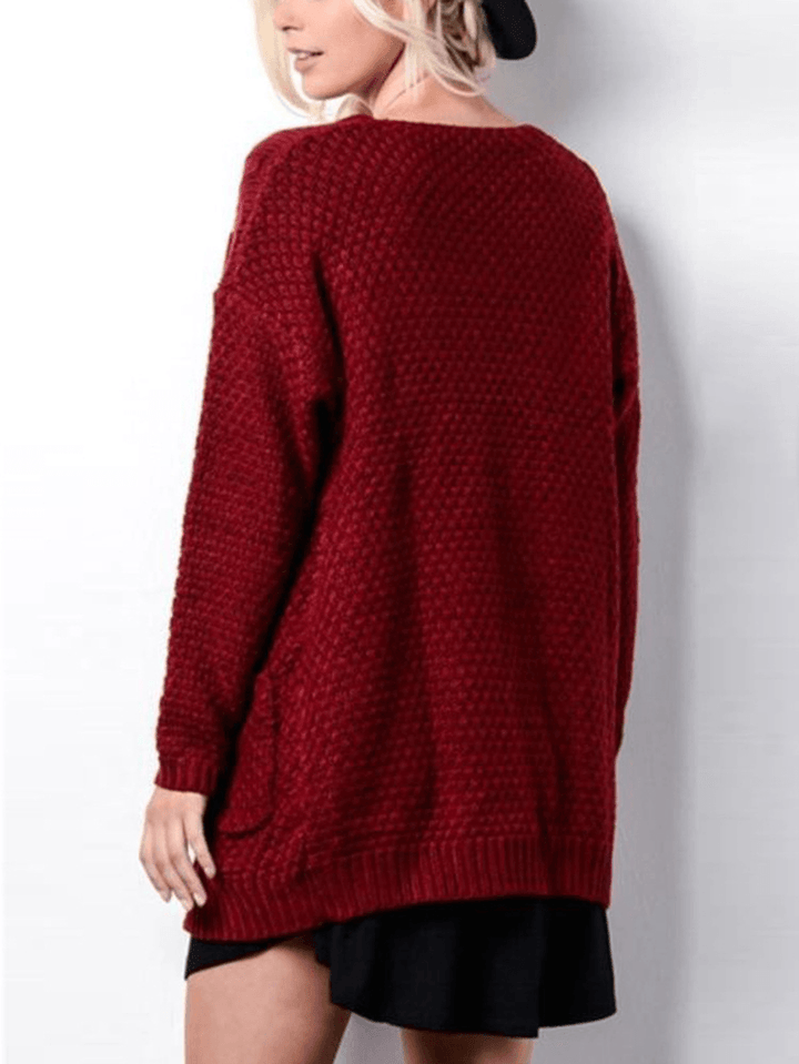 Women Knitted Solid Color Loose Pocket Twisted Cardigans