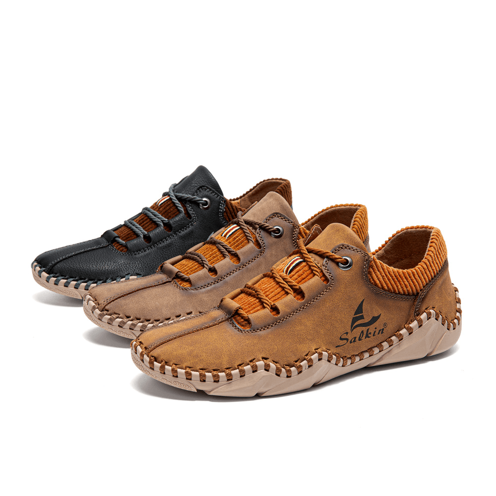 Men Microfiber Leather Splicing Breathable Hand Stitching Soft Crocodile Grain Sole Casual Shoes