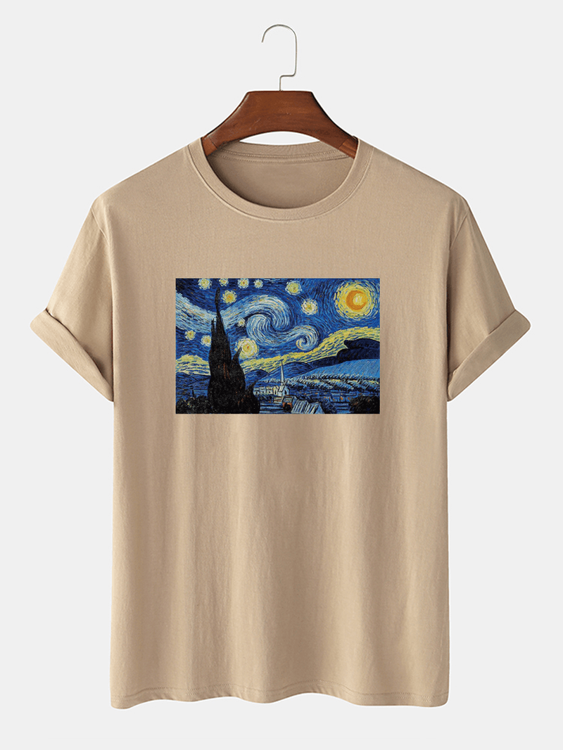 Mens Van Gogh Starry Sky Oil Painting 100% Cotton Short Sleeve Designer T-Shirts