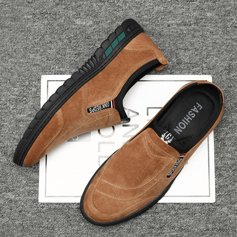 Men Comfy Pigskin Leather Stitching Non-Slip round Toe Lazy Slip-On Loafers Shoes