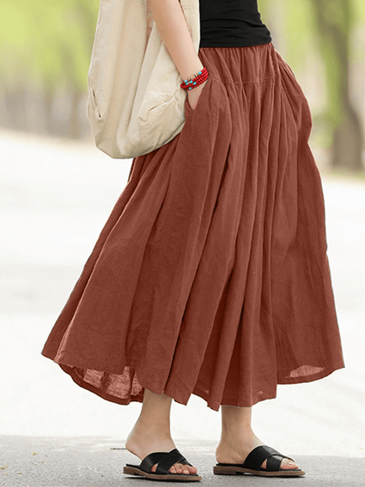 Casual Solid Elastic Waist Pleated Spliced Cotton Skirt for Women