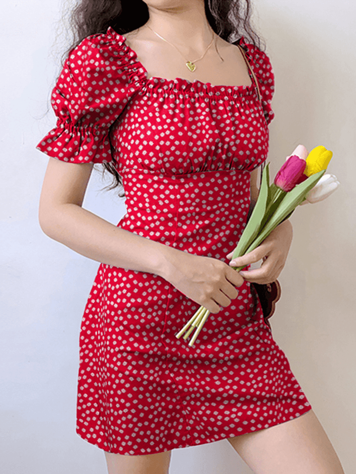 Floral Print Square Collar Pleating Short Sleeve Mini Dress - MRSLM