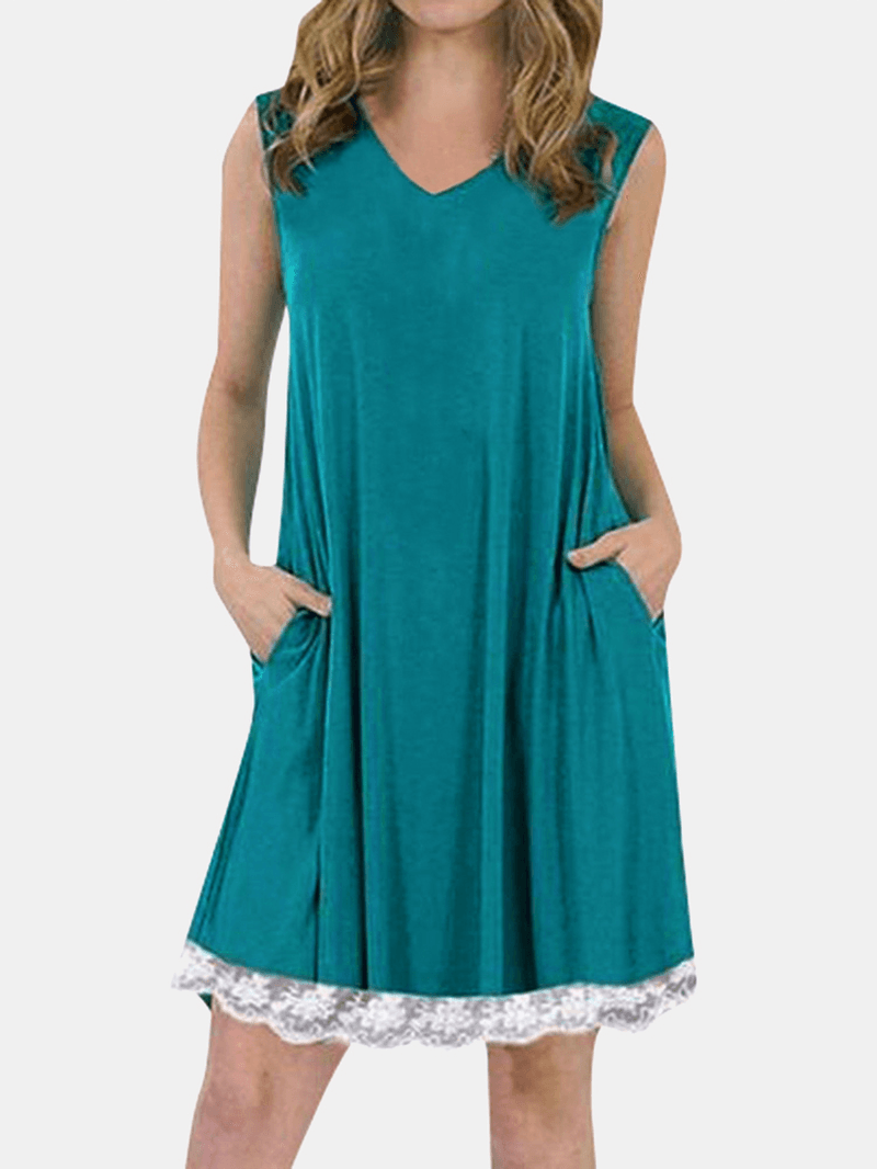 Summer Lace Patchwork Sleeveless Loungewear V-Neck Daily Casual Dress