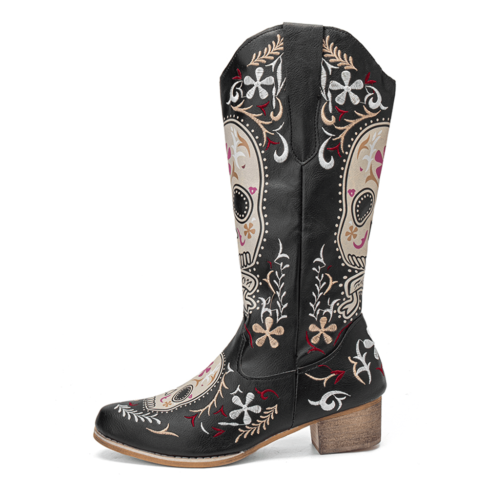 Women Color Kartoon Printed Embroidered Wear Resistant Chunky Heel Mid-Calf Boots