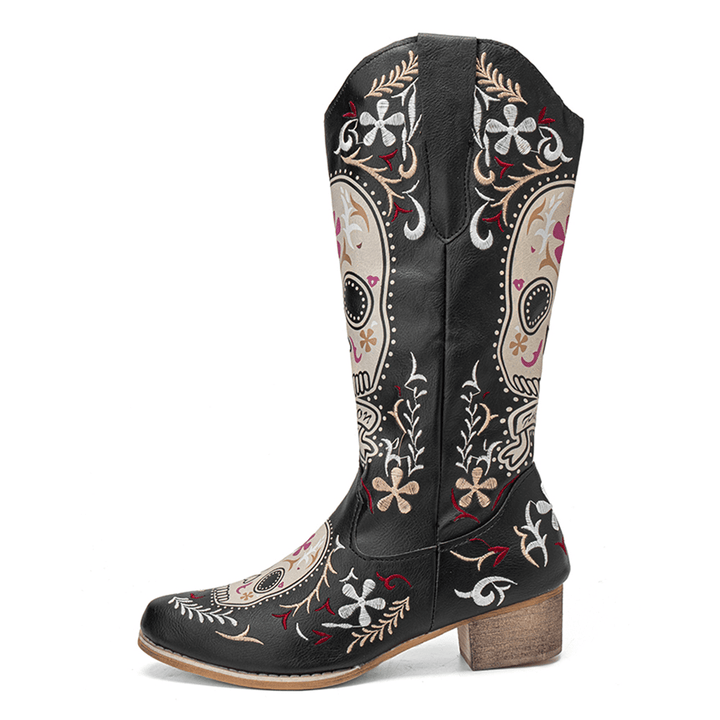 Women Color Kartoon Printed Embroidered Wear Resistant Chunky Heel Mid-Calf Boots