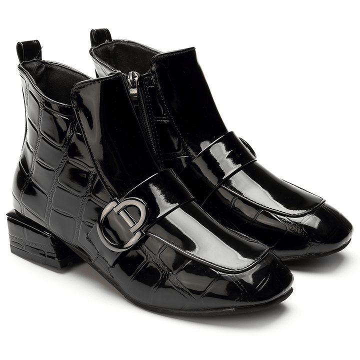 Women Chic Embossed Patent Buckle Zipper Ankle Boots