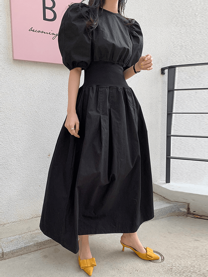 Puff Sleeve O-Neck Short Sleeve Elastic Cuffs Casual Maxi Dress