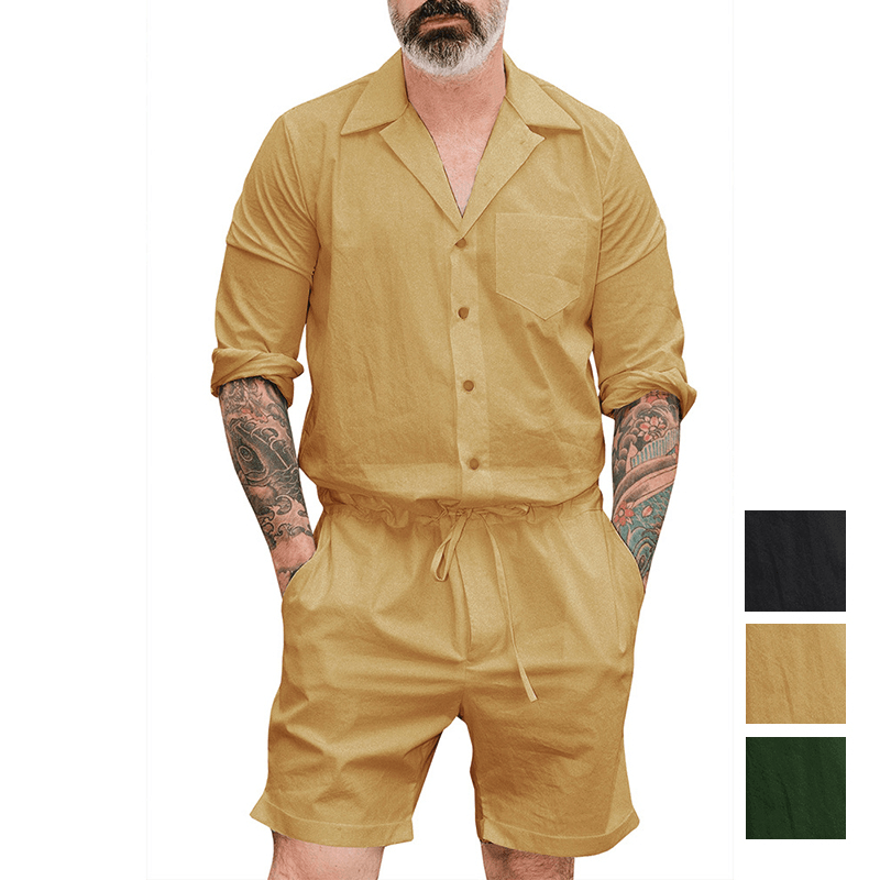 INCERUN Men Solid Color Drawstring Short Jumpsuit