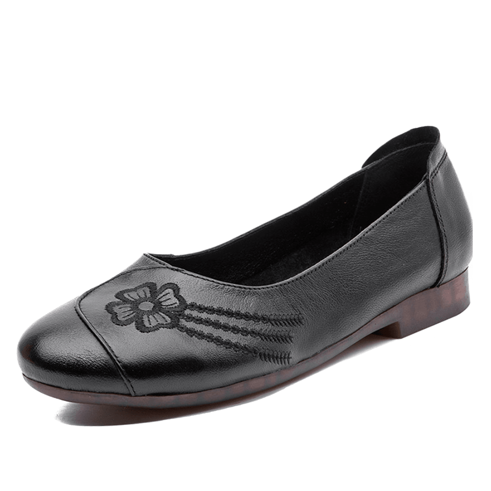 Women Brief Floral Pattern Cowhide Leather round Toe Soft Sole Comfy Slip on Flats