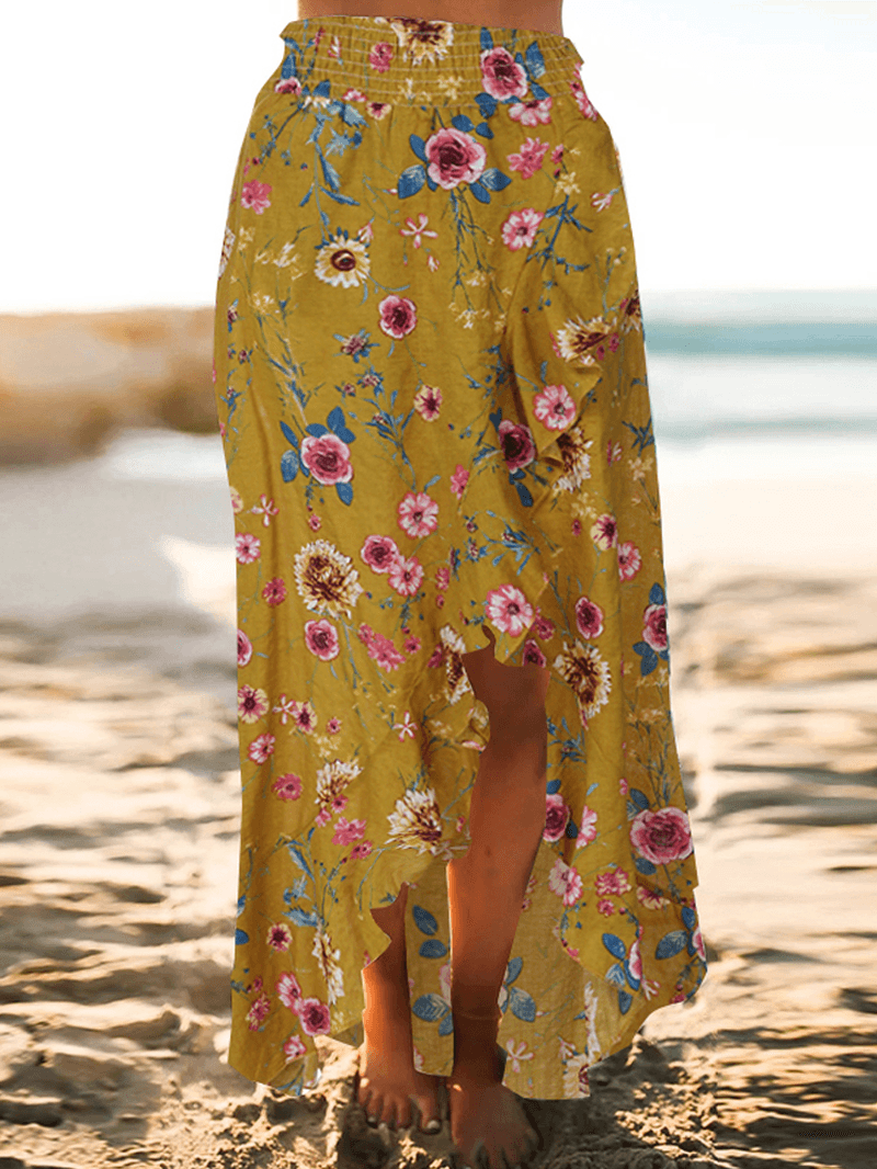 Bohemian Beach Floral Print Elastic Waist Flounce Hem Maxi Skirts - MRSLM