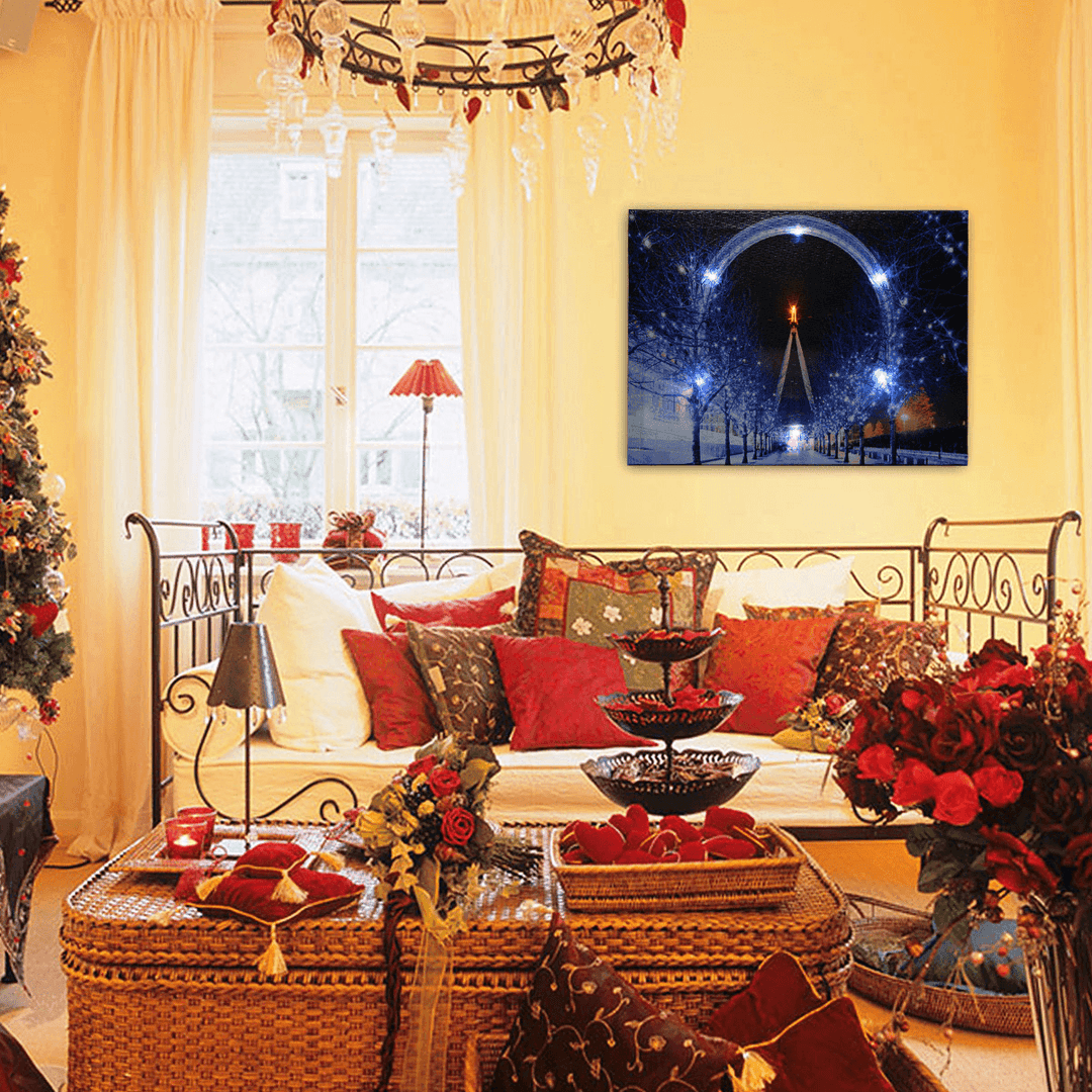 40 X 30Cm Operated LED Christmas Snowy Street Ferris Wheel Canvas Print Wall Paper Art