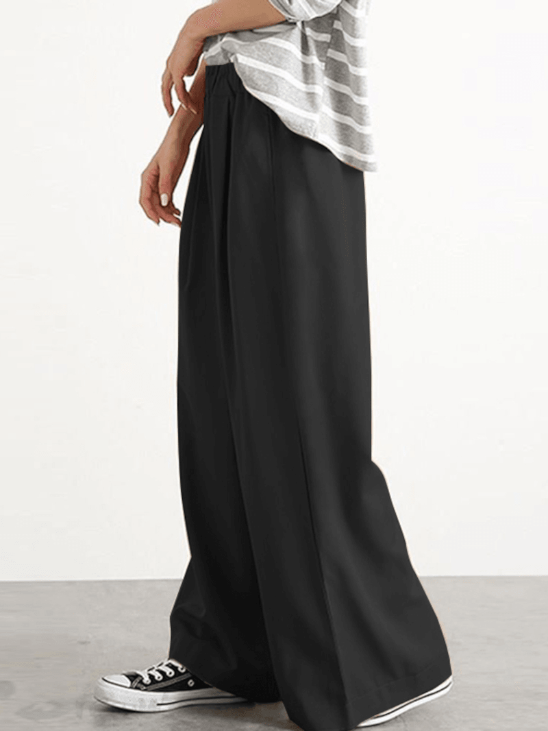 Women Casual Solid Color Elastic Waist Wide Leg Pants with Pocket