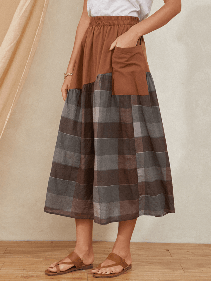 Plaid Print Patchwork Pocket Long Casual Skirt