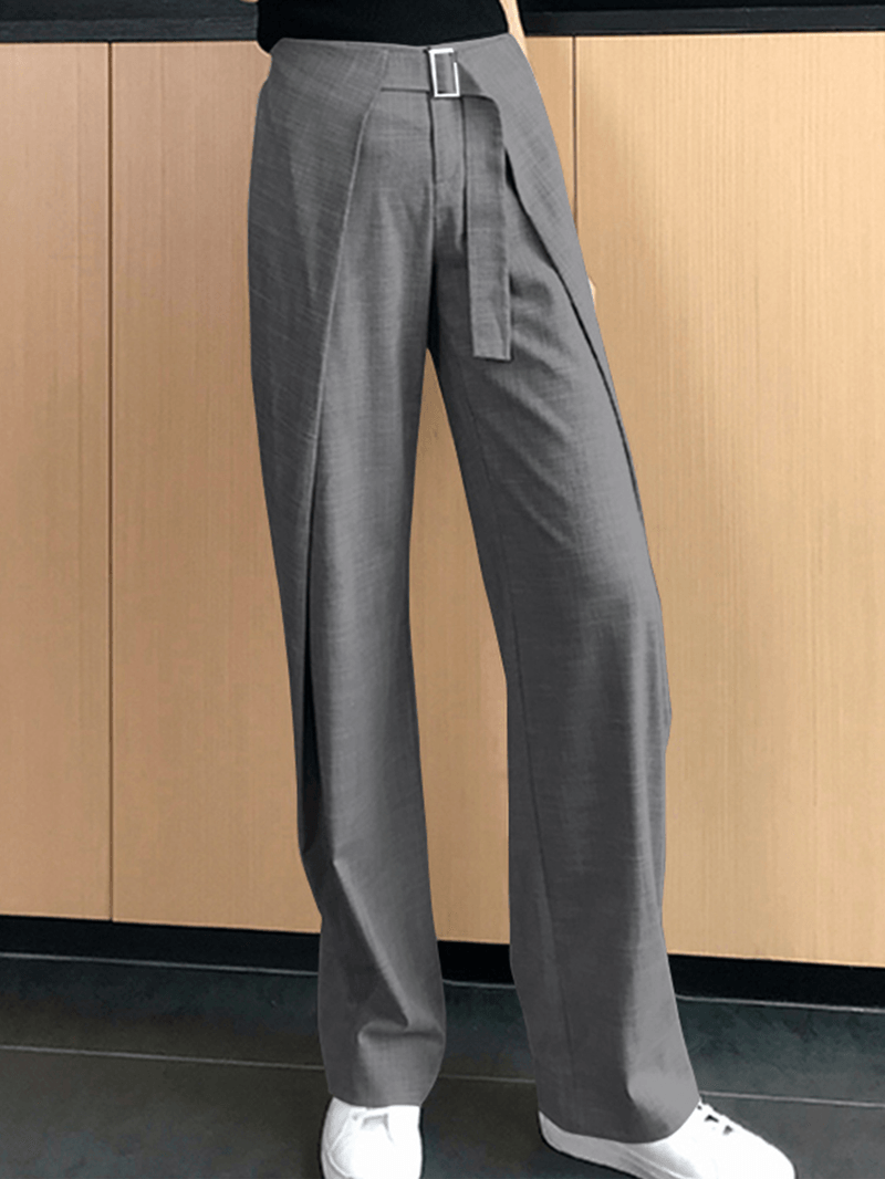 Women Solid Business Zipper Fly High Waist Wide Leg Pants with Buckle - MRSLM