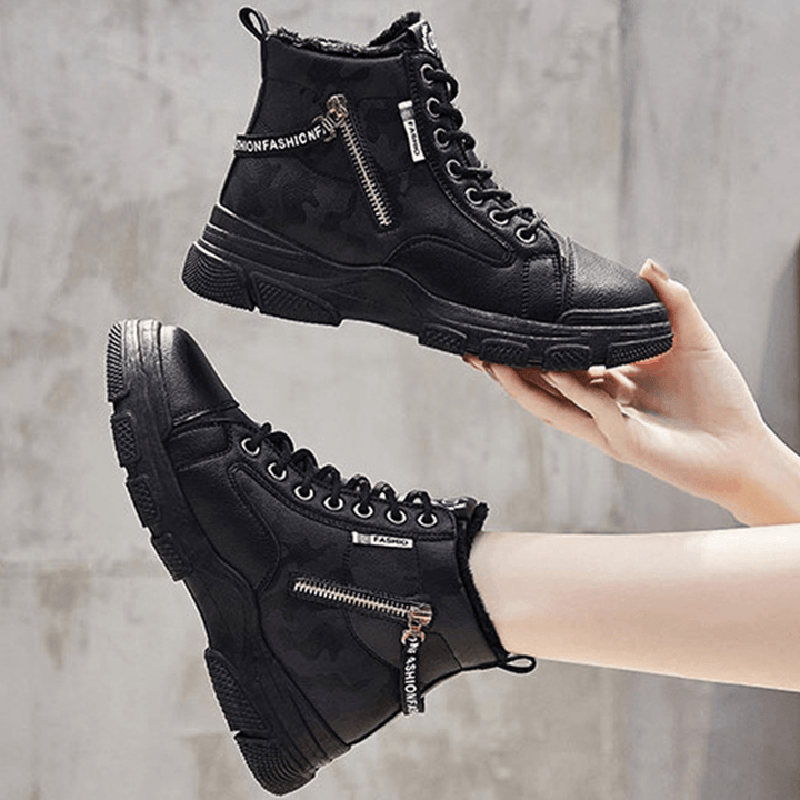 Women Casual Letter Pattern Lace up Zippers Warm Wearable Ankle Sports Court Sneaker Shoes