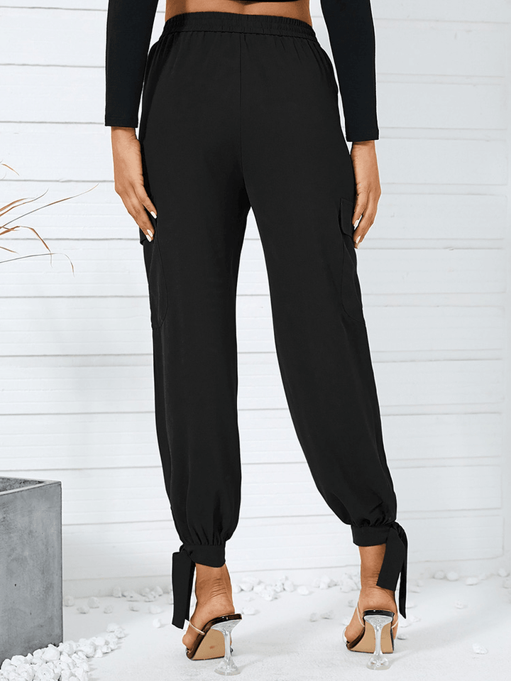 Women Solid Color Casual High Waist Jogger Pants with Pocket - MRSLM